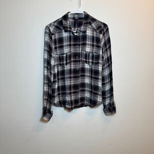 Paige Huntley Plaid Shirt‎ Women's Small Black Adobe Rose Grey Long Sleeve Top